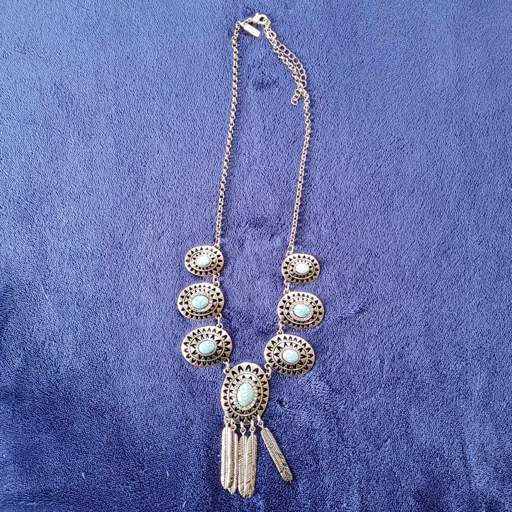 Shyanne Silver Tone Western Boho Style Rhinestone Turquoise Pendants Necklace